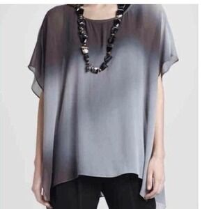 Eileen Fisher Ombre 100% Silk Gray Poncho Top Boxy Drapey Blouse Women's Size L